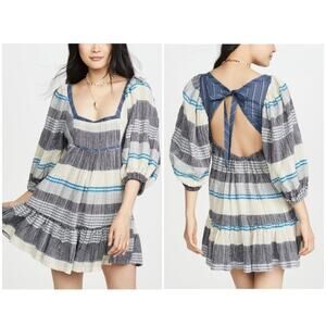Free People All Lined Up Multi Striped Gauzy Mini Dress Boho Lightweight Blue Sm